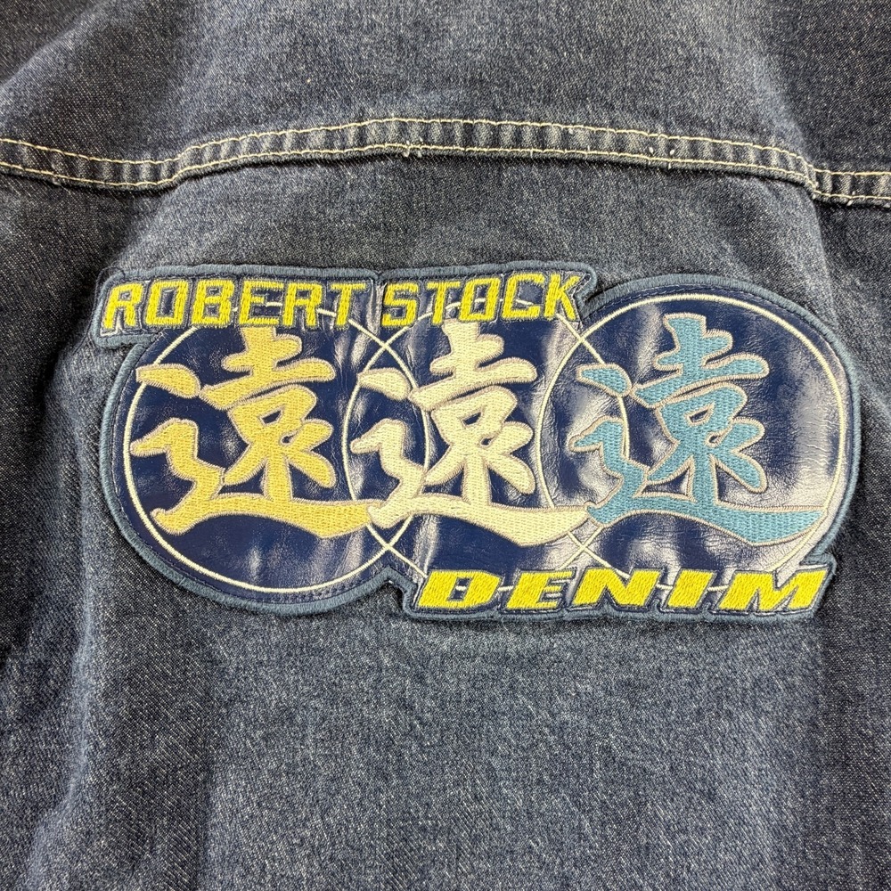 Robert Stock Denim Jacket Mens XL Blue Trucker Boxy 90s Y2K Graphic - Picture 10 of 10